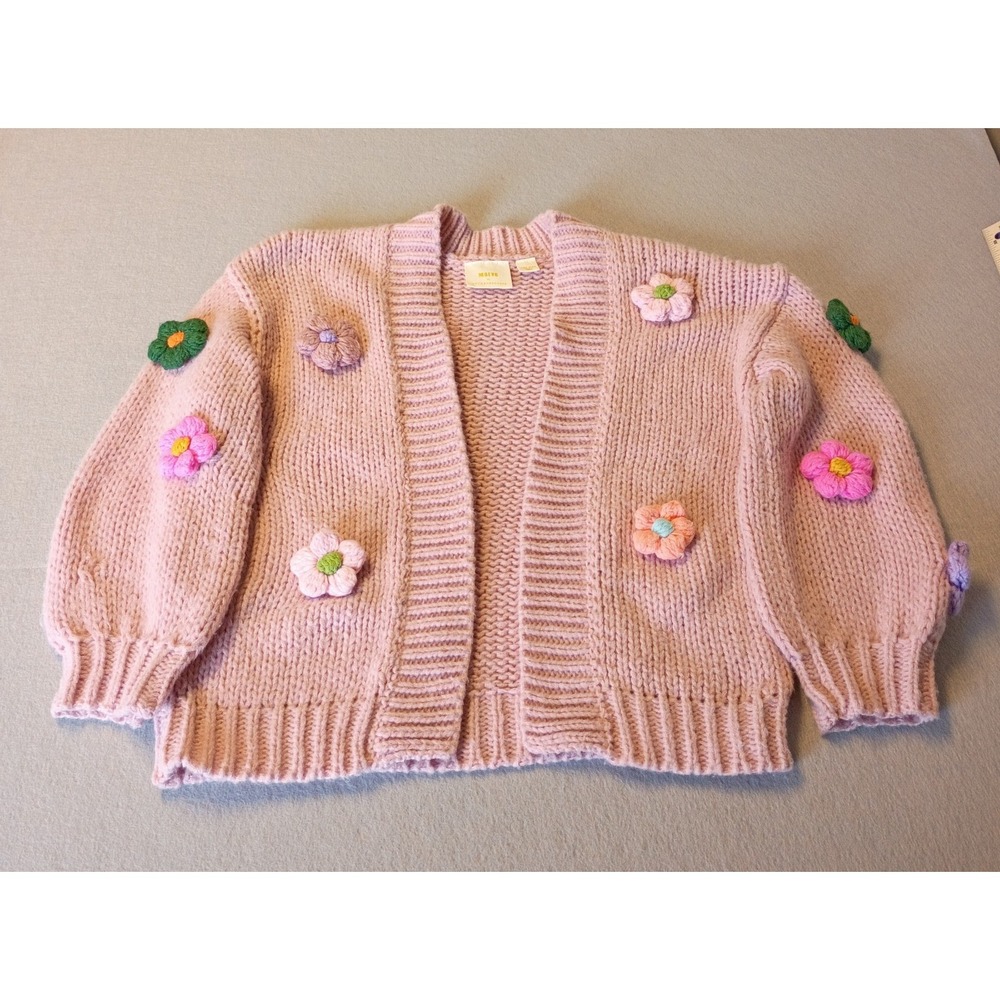 Maeve Anthropologie Chunky‎ 3D Flower Knit Cardigan O/S Pink Sweater Has Flaw - Picture 3 of 13